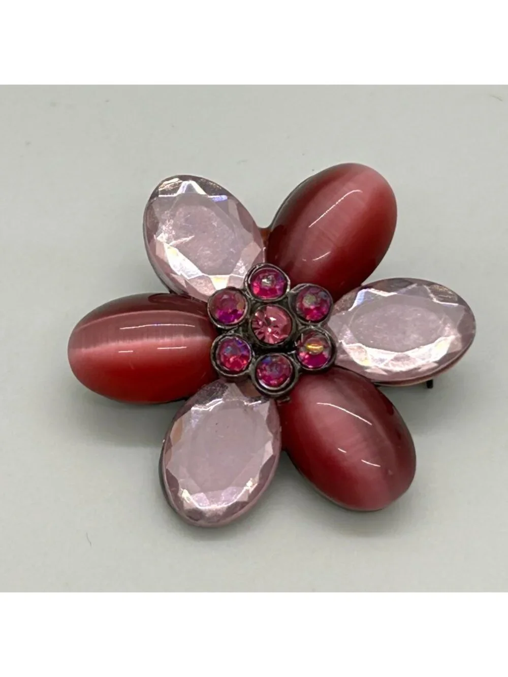 Vintage Flower Pin Brooch Pink Burgundy Cat Eye Cabochons And Rhinestones Retro